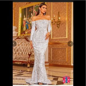 NEW Miss Ord Wedding Dress Prom Formal Train White W/ Silver Sequins Large WOW!!